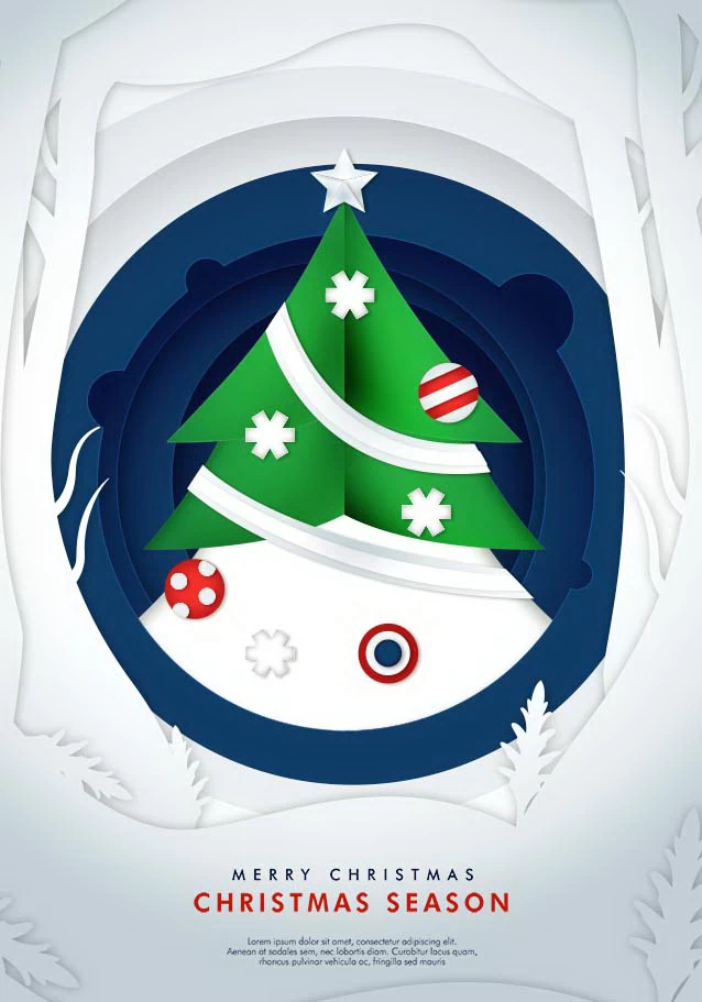 创意剪纸风圣诞节圣诞树圣诞老人麋鹿雪花3D立体海报PSD/AI素材模板【041】